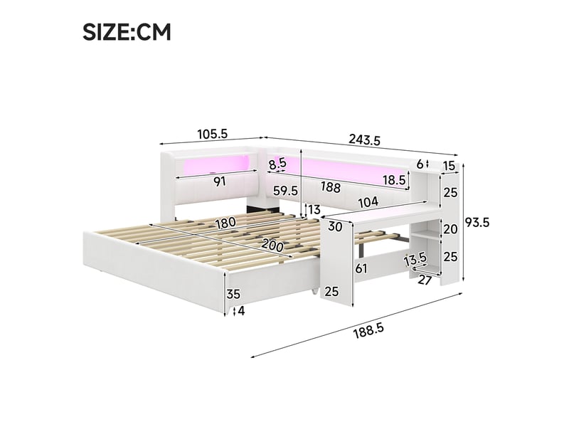 Lit gigogne extensible 90/180x200 cm avec bureau, led 7 couleurs, ports usb, tissu lin blanc, sans matelas - Conforama C