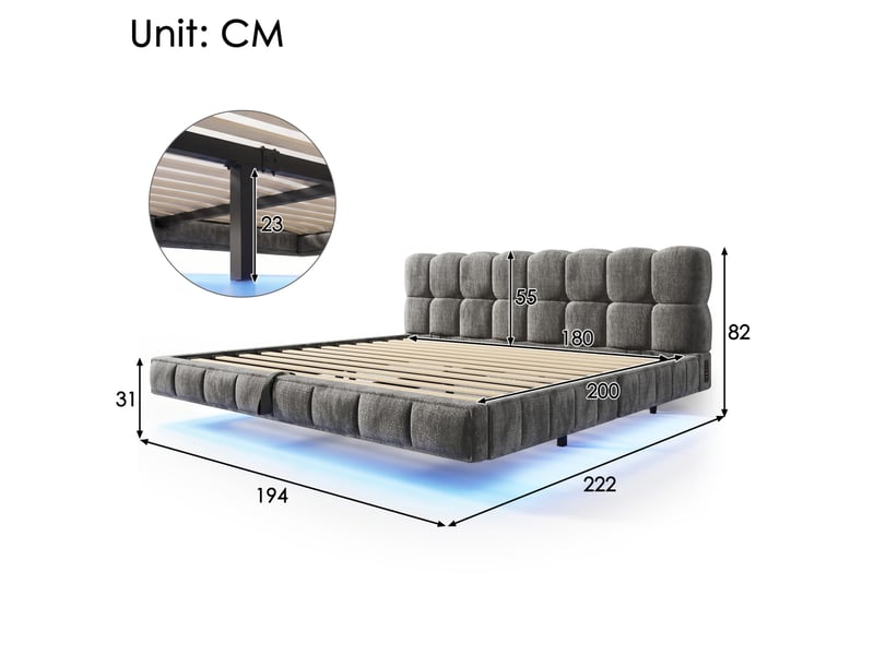  Lit coffre adulte 180x200 cm – gris – rangement hydraulique, led et chargeurs usbusb-c, sans matelas  - Conforama C