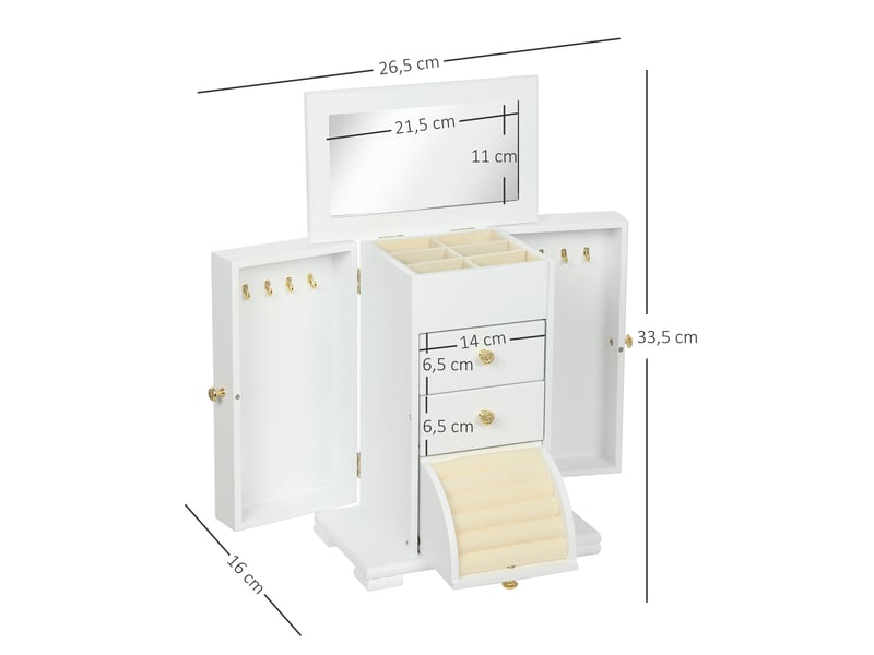  Boîte à bijoux 4 niveaux avec miroir et tiroirs en bois blanc 26,5 x 16 x 33,5 cm  - Conforama C