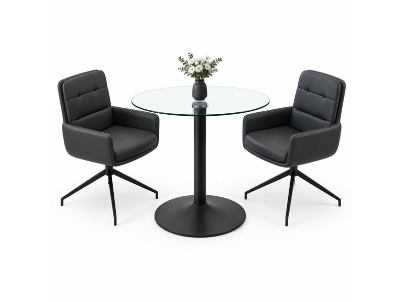  Ensemble table et chaises avec 1 table et 2 chaises pivotantes  - verre trempé, métal et pu - noir transparent  - Conforama A
