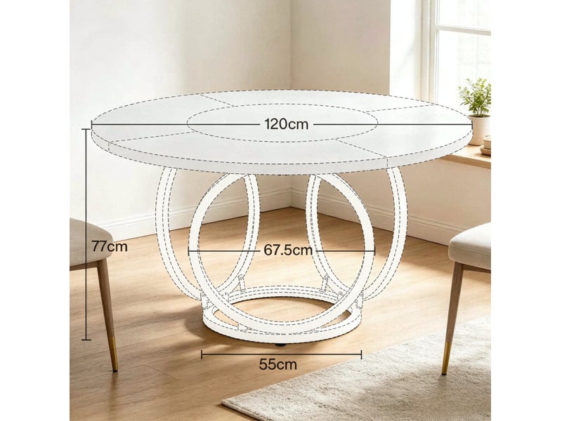 Table de salle à manger ronde pour 4 à 6 personnes avec plateau mdf et piètement acier blanc et doré 120 × 120 × 77 cm - Conforama C