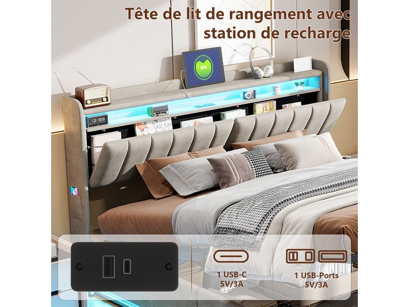 Lit coffre 140x200 cm avec éclairage led et port usb, lit adulte avec tête de lit avec rangement, lits 2 personnes, velours, gris - Conforama E