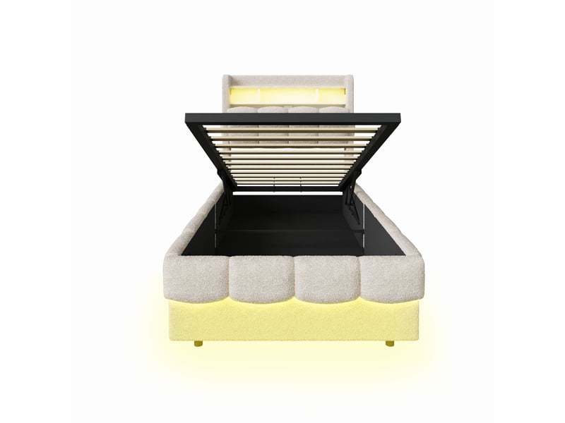  Lit simple coffre à gaz 90 x 200 cm en tissu bouclette beige - tête de lit avec étagère et éclairage led  - Conforama E