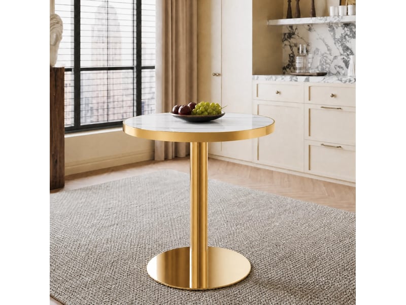  Table d’appoint ronde 60x60x74 cm effet marbre blanc et cadre doré  - Conforama E