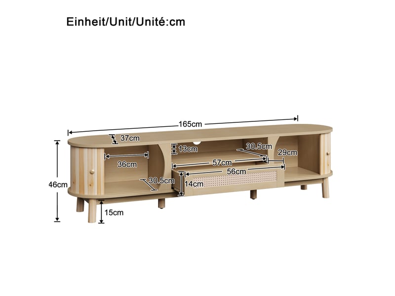  Meuble tv modenvie en mdf avec rotin 165 x 37 x 46 cm naturel portes coulissantes et tiroirs  - Conforama C