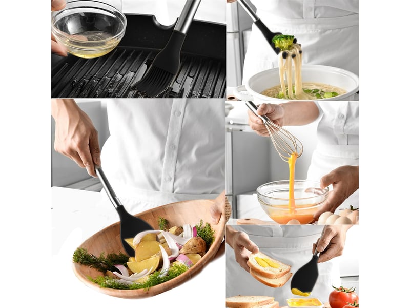  Lot de 12 ustensiles de cuisine,meulva,35x12x12 cm,silicone,noir  - Conforama B