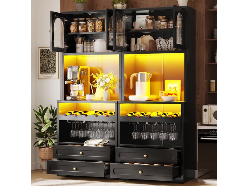  Meuble de cuisine haut vitré noir avec éclairage led et range-bouteilles, 140 × 40 × 180 cm  - Conforama D