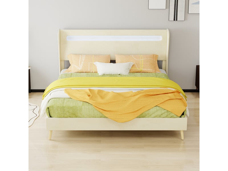  Lit rembourré en tissu et métal beige 160 x 200 cm  - Conforama D