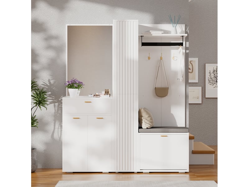 Ensemble vestiaire d’entrée 150x36x180 cm miroir, penderie, meuble à chaussures, banc mdf blanc - Conforama D
