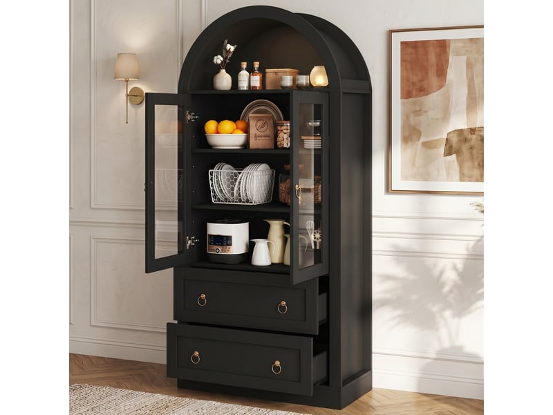  Meuble de cuisine muvano, buffet haut avec portes vitrées, arche noire et 2 tiroirs, 80 × 36 × 170 cm  - Conforama D