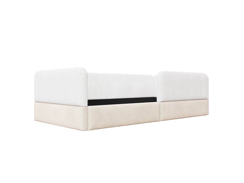  Lit simple avec barrière rembourrée, 4 poches de rangement, 200x90 cm, sans matelas, blanc et beige  - Conforama E