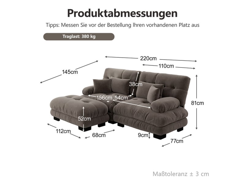  Canapé modulable d’angle 2 places avec ottomane en tissu marron  - Conforama C