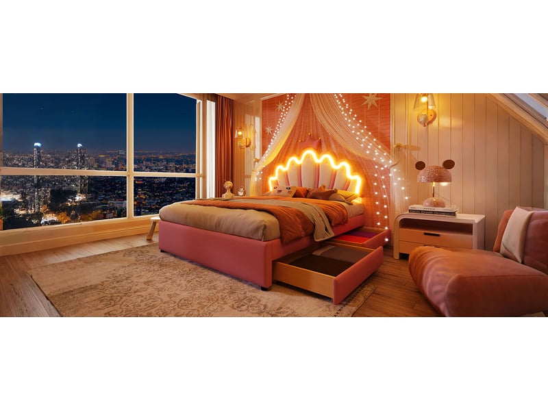  Lit capitonné 140x200 cm rose pu avec sommier à lattes 2 tiroirs tête de lit réglable éclairage led télécommande Sol Morn - Conforama E