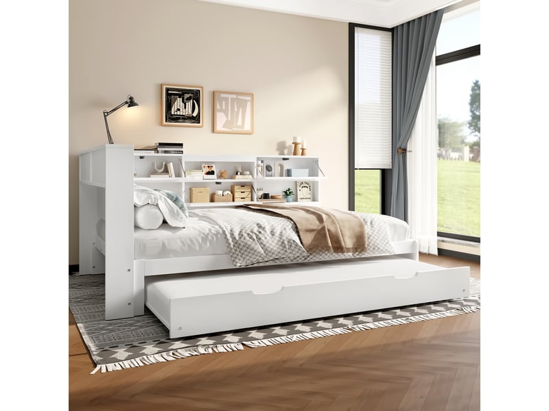  Lit gigogne 140x200 cm, lit enfant, tête de lit avec rangement en l et usb type-c, pin, blanc, sans matelas  - Conforama W