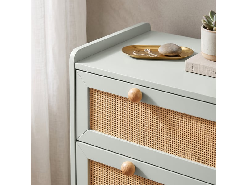  Commode 4 tiroirs style bohème chic rotin bois vert sauge  - Conforama E