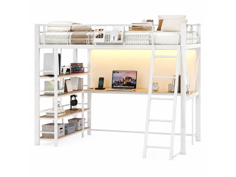  Lit mezzanine modenvie 140 x 200 cm avec bureau intégré, étagère 4 niveaux, panier de rangement, port usb, led, métal et mdf, blanc  - Conforama A