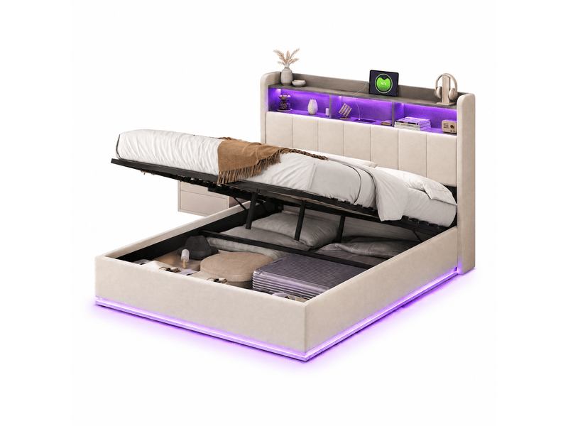  Lit hydraulique 140x190 avec éclairage led, lit coffre avec rangement et tête de lit capitonnée cadre de lit double avec led et chargeur usb lit 2 places avec lattes beige velours, sans matelas  - Conforama A