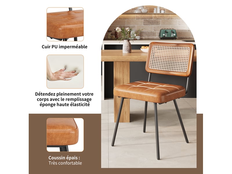  Lot de 6 chaises de salle à manger 61 x 46 x 79 cm – marron – dossier en rotin pe, pieds réglables  - Conforama E
