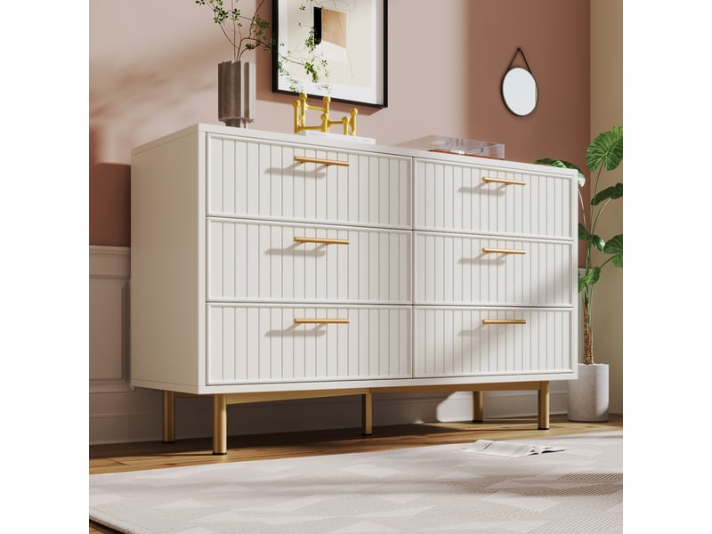  Commode finition côtes avec 6 tiroirs et étagères réglables, en panneaux de particules, blanc, 120 × 40 × 75.5 cm  - Conforama C