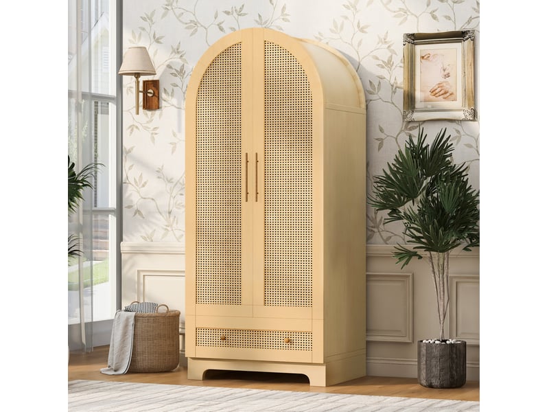  Armoire 2 portes 70 x 55 x 170 cm avec tiroirs et portes effet rotin, bois clair  - Conforama B
