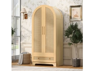 Armoire 2 portes 70 x 55 x 170 cm avec tiroirs et portes effet rotin, bois clair