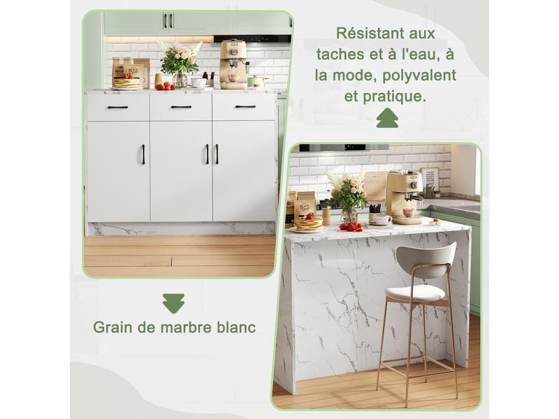 Îlot de cuisine 120x60x90,5 cm avec bar intégré, 3 tiroirs silencieux et 3 portes, plan mdf motif marbre, blanc - Conforama E