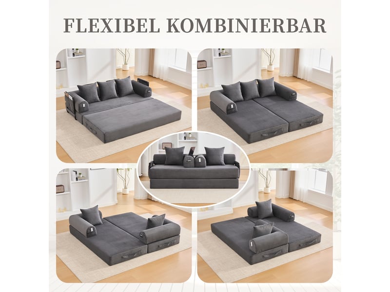  Canapé-lit convertible 3 places canapé au sol canapé modulable canapé compressé en velours côtelé avec cadre en métal, gris foncé  - Conforama R
