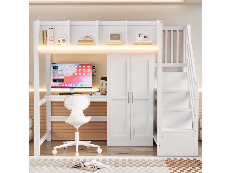  Lit mezzanine 90 x 200 cm avec bureau, armoire, led et rangements, blanc  - Conforama D