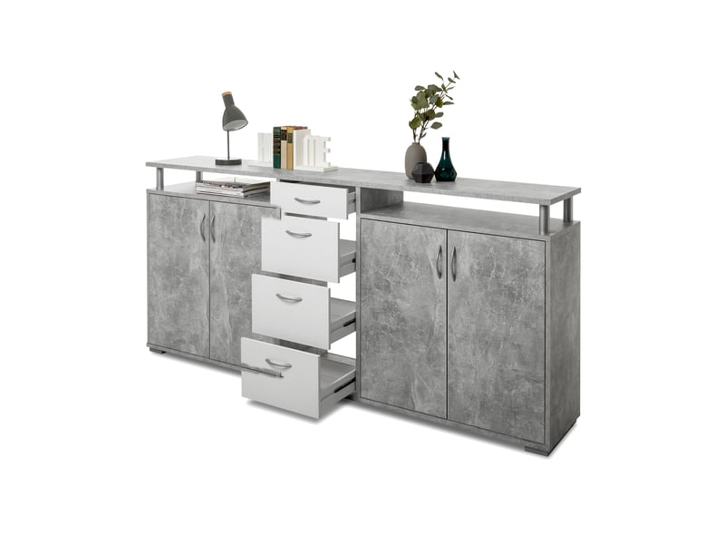 Buffet 2 portes 4 tiroirs 208x38,5x93,2 cm béton et blanc  - Conforama E