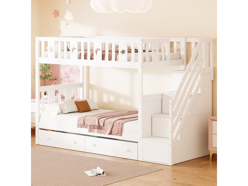  Lit superposé en bois massif 90 x 200 cm blanc avec échelle de sécurité, escalier de rangement et tiroirs  - Conforama E