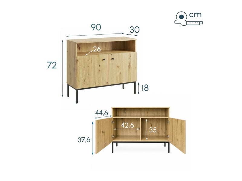 Buffet de salon bas 2 portes | meuble de rangement avec niche ouverte | console d'entrée | 90x30x72cm | modèle duna | couleur chêne eos Duna - Conforama E