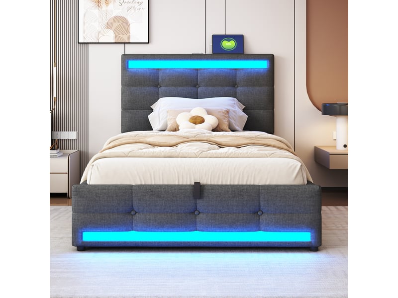  Lit rembourré 90x200 cm, coffre hydraulique, éclairage led, ports usb, lin gris et sommier  - Conforama D