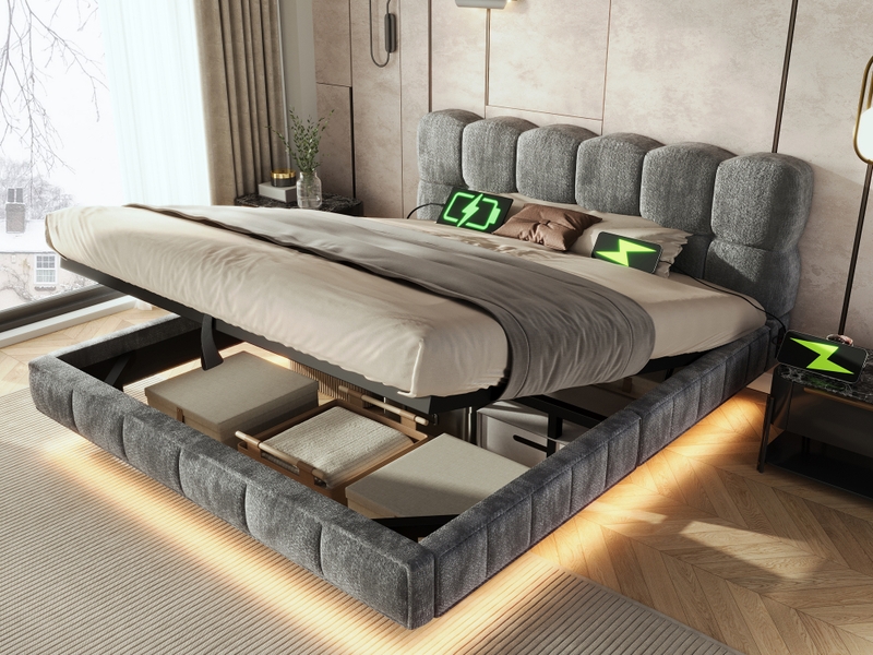  Lit rembourré 140x200cm, design bubble nuage suspendu, coffre hydraulique, led, charge usbtype-c, chenille gris  - Conforama B