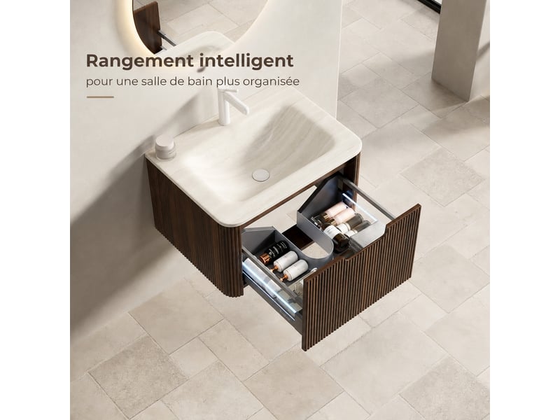  Meuble vasque suspendu 60 cm, vasque intégrée en pierre frittée effet travertin, noyer  - Conforama B