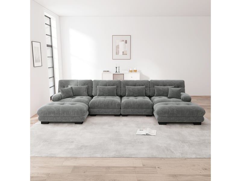 Canapé modulaire 4 places avec ottomans mobiles et assise profonde, composition en u ou d'angle, en chenille grise - Conforama C