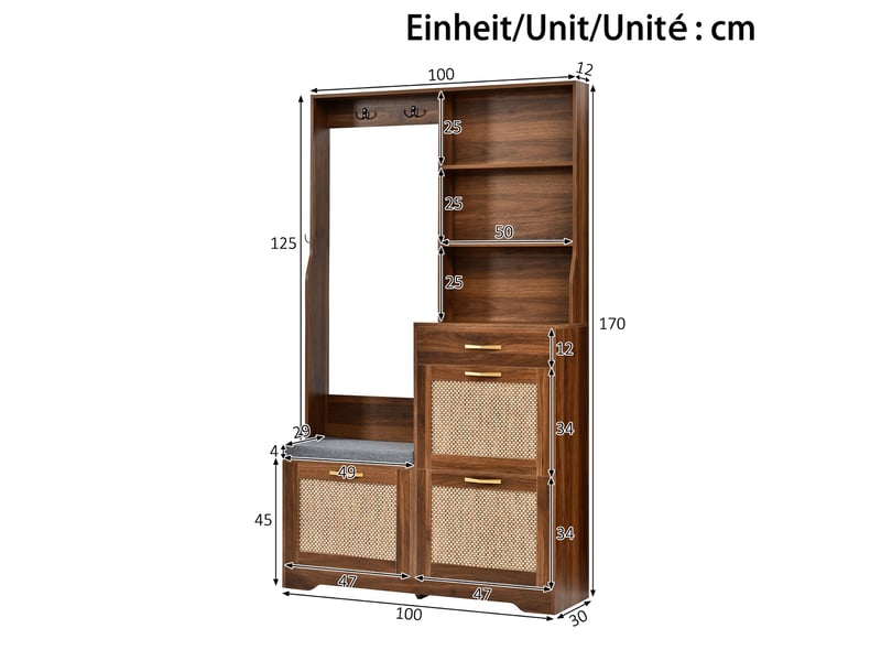  Meuble d'entrée vestiaire - 100x30x170cm - meuble chaussures 3 abattants, banquette assise, tiroir &amp; rotin - bois foncé  - Conforama D