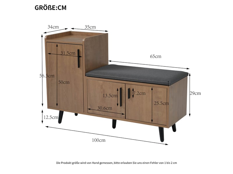 Banc à chaussures moderne 100x34x68,5 cm, meuble d'entrée, assise, rangement chaussures 3 portes, aggloméré, naturel - Conforama C
