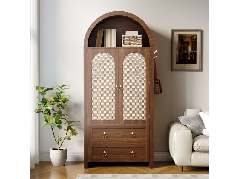  Buffet haut 80x40x180 cm avec 2 portes en cannage et doubles tiroirs en mdf couleur marron  - Conforama D