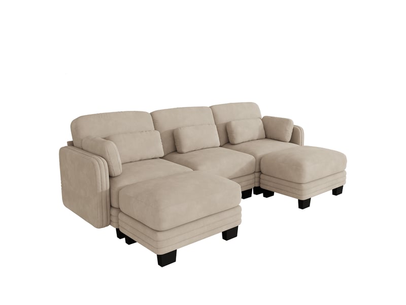 Canapé modulaire en u 3 places 253x143x88 cm avec 2 poufs, confort multicouche, montage facile, chenille café clair - Conforama A