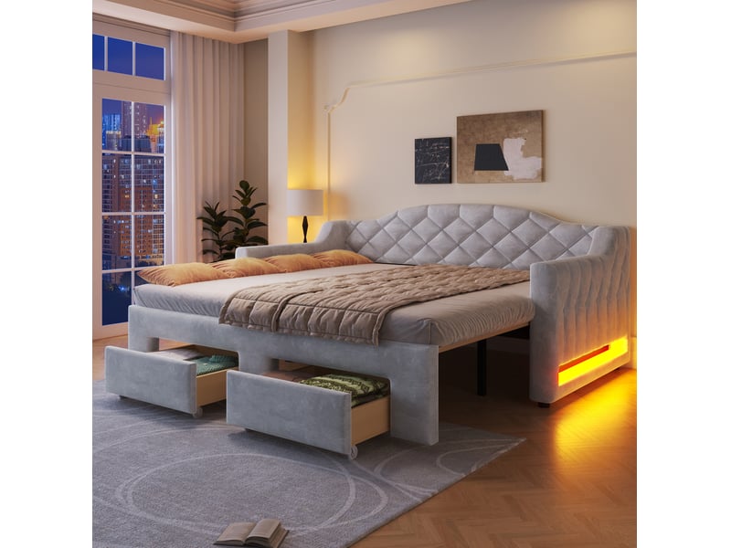 Lit gigogne 90x200 extensible 180x200 avec led gris - Conforama B