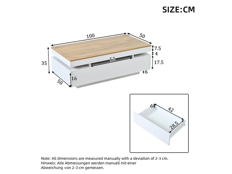  Table basse 100 x 50 x 35 cm avec 2 tiroirs, table d'appoint led laquée brillante, table à thé, console, table de salon, table basse, blanc et bois.  - Conforama C