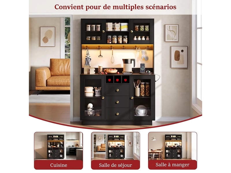  Armoire de cuisine avec éclairage led et prises électriques, vitrine noire pour salle à manger, 120x40x170 cm  - Conforama C