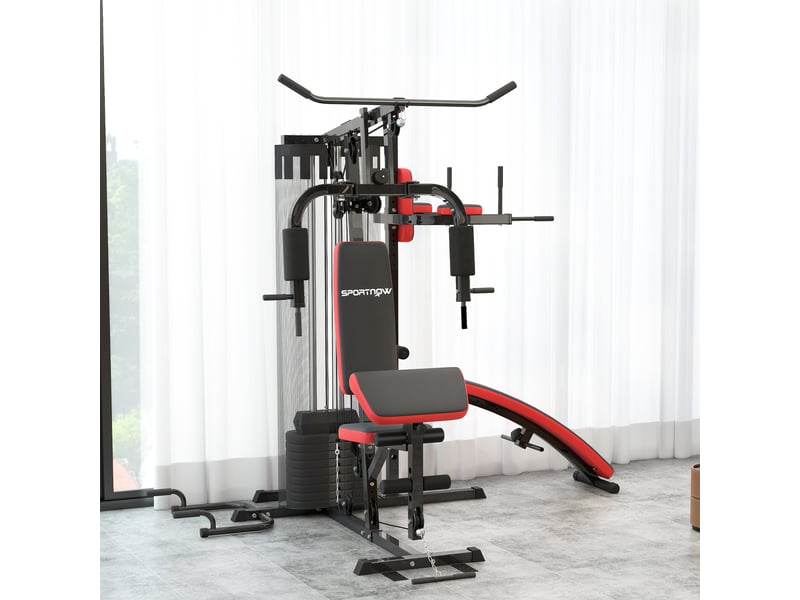 Station de musculation - banc, développé couché, butterfly, barre latissimus et traction, curler, bande résistance, 10 contrepoids - rouge  - Conforama B