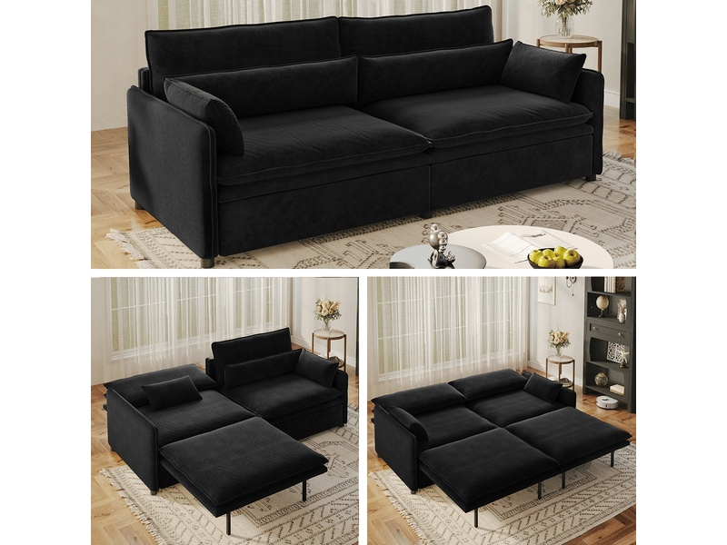  Canapé convertible 3 places 206 cm en chenille, canapé-lit 3 en 1 avec rangement, dossier réglable et coussins amovibles - noir  - Conforama B