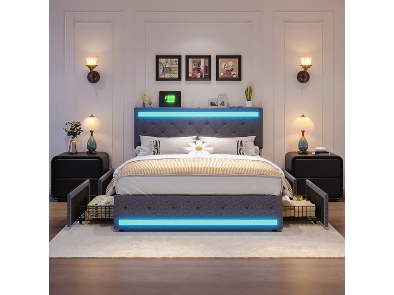  Lit double 160x200 avec led et tiroir, lit capitonnée avec 4 tiroirs cadre de lit avec rangement et tête de lit rembourrée lit 2 personnes avec usb pour adultes et adolescents tissu en lin, sans matelas  - Conforama B