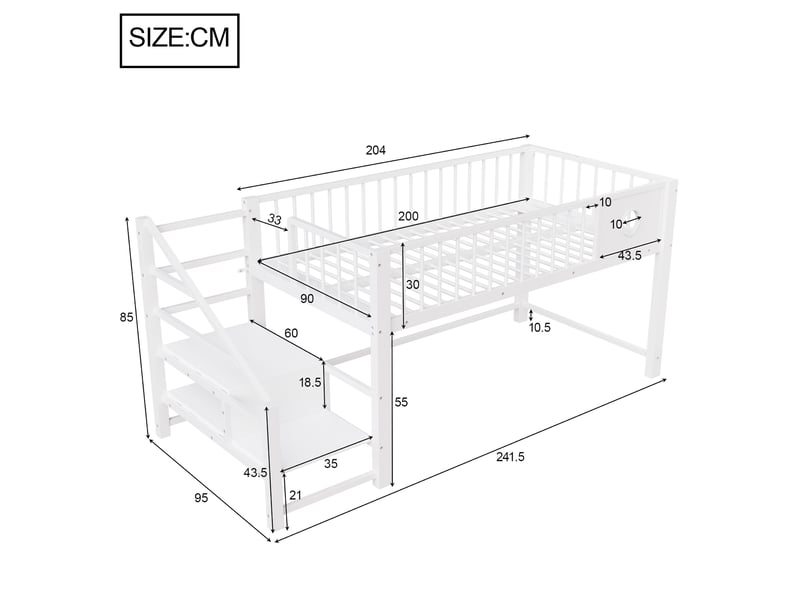  Lit mezzanine bas 90x200cm, échelle de rangement, cadre métal robuste, enfant ado, sécurité 120kg, blanc  - Conforama D