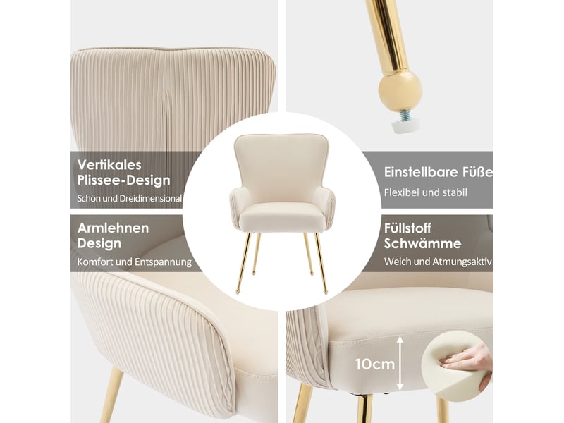  Chaises de salle à manger lot de 6 avec accoudoirs et soutien lombaire  - pieds réglables, velours beige et doré  - Conforama E
