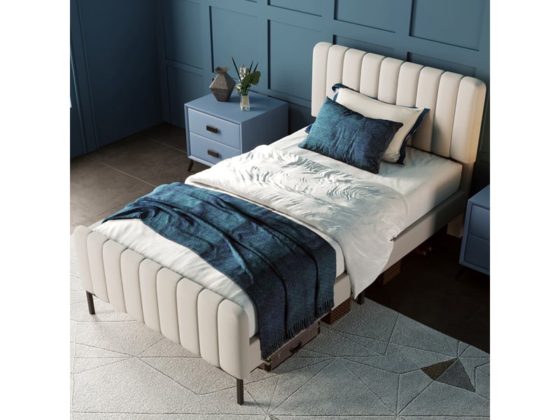  Lit rembourré 90x190 cm beige-gris en lin avec tête de lit réglable et sommier à lattes  - Conforama B
