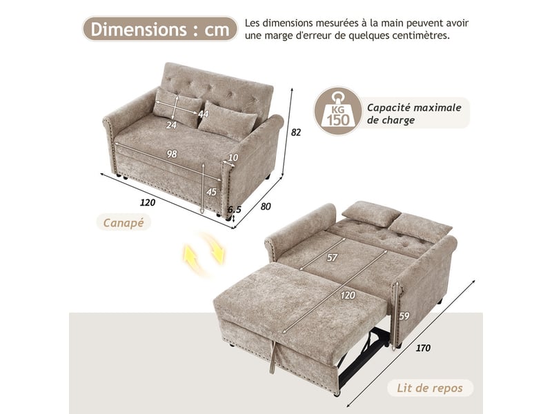 Canapé droit 3-en-1 convertible, 2 places avec dossier réglable sur 3 positions, 2 coussins, 120x80x82cm, marron chenille - Conforama C