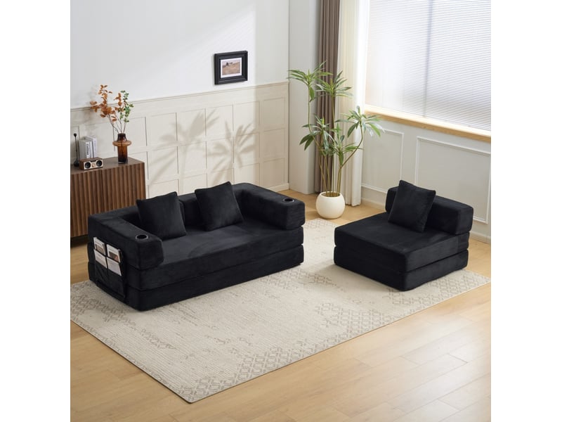 Canapé-lit de sol convertible 3 places avec accoudoirs pliables, porte-gobelets et poches en velours côtelé noir - Conforama D